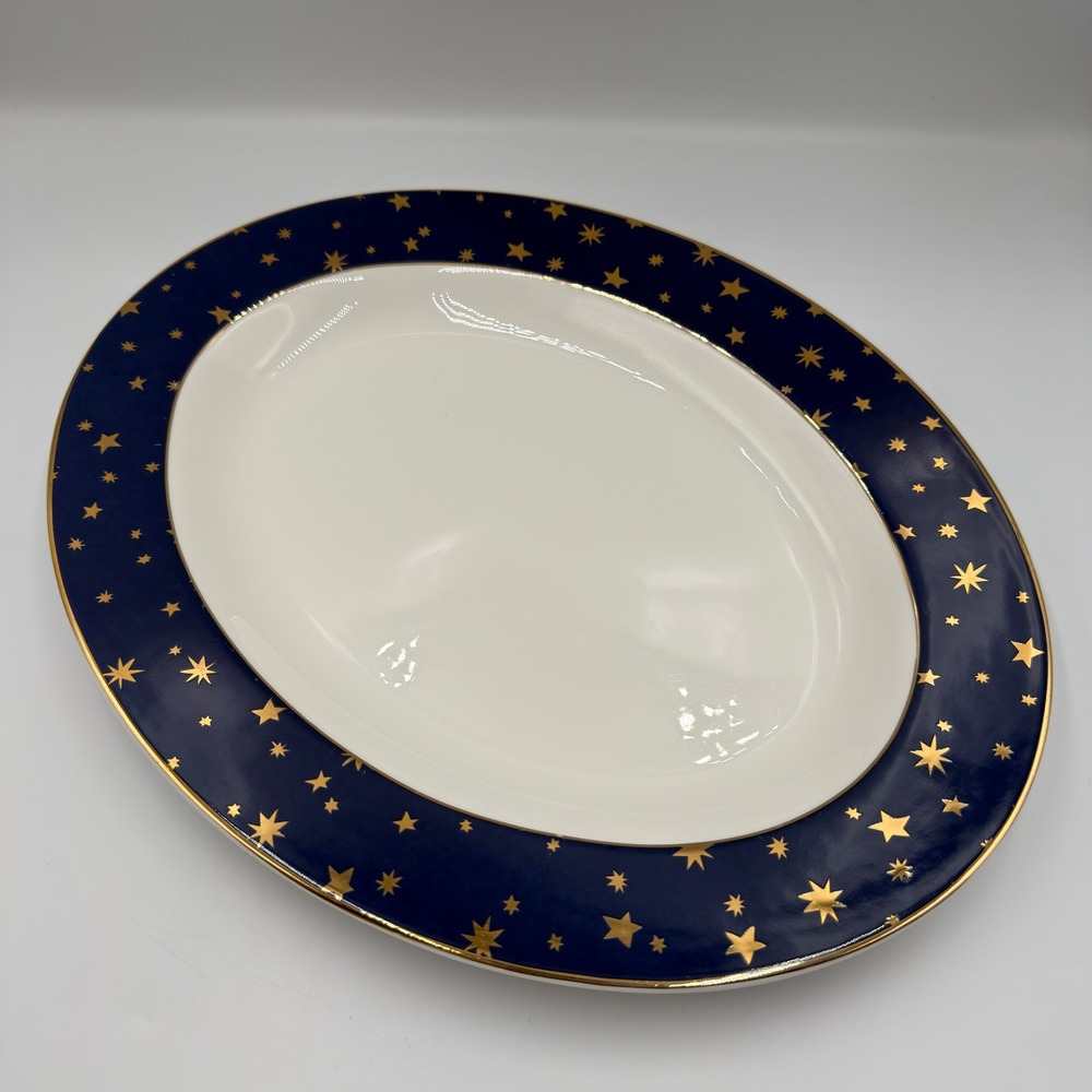 Sakura Galaxy Fine Porcelain Oval Serving Platter Blue 14k‎ Gold Stars 14in